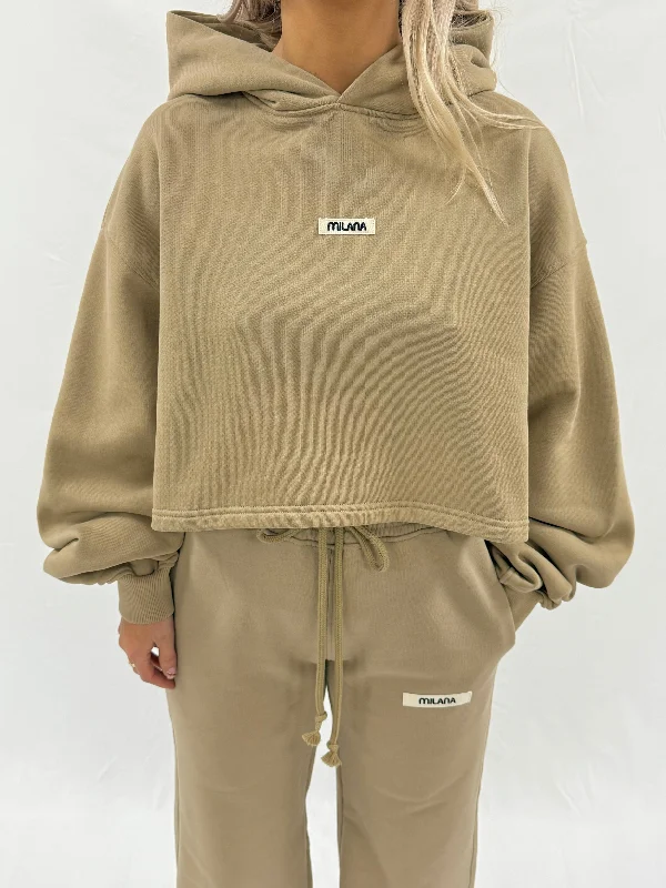 Khaki Brown Core Heavyweight Cropped Hoodie. Traditional Women's 