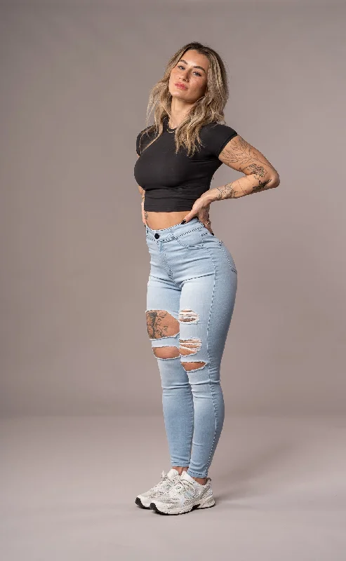 Womens Regular Super Ripped High Waisted Fitjeans - Bleach Blue Vintage Women's 1970S Womens Regular Super Ripped High Waisted Fitjeans - Bleach Blue Vintage Women's 1970S