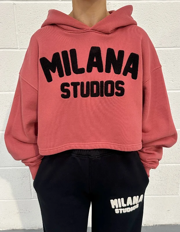 Mauve Teddy Cropped Heavyweight Hoodie. Sophisticated Women's Tailored