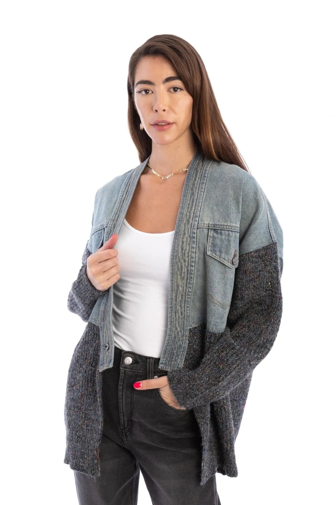 Denim Sweater Jacket Grey Minimalist Women's Casual