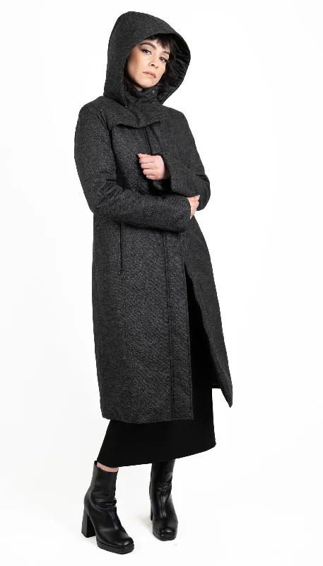 Hooded Mock Neck Zip Maxi Coat w/ Thinsulate Quilted Liner/ Charcoal Canvas Wool Texture Monochromatic Office Style