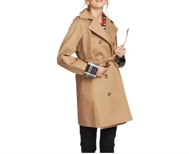 Plaid Lined Double Breasted Trench Coat In Tan Tough Women's Military - inspired
