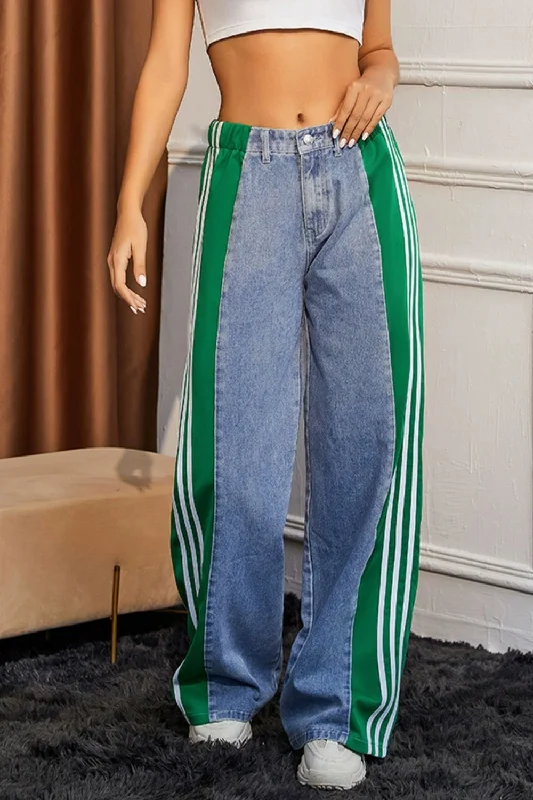 Contrast Side Striped Wide Leg Jeans Dynamic Women's Moto