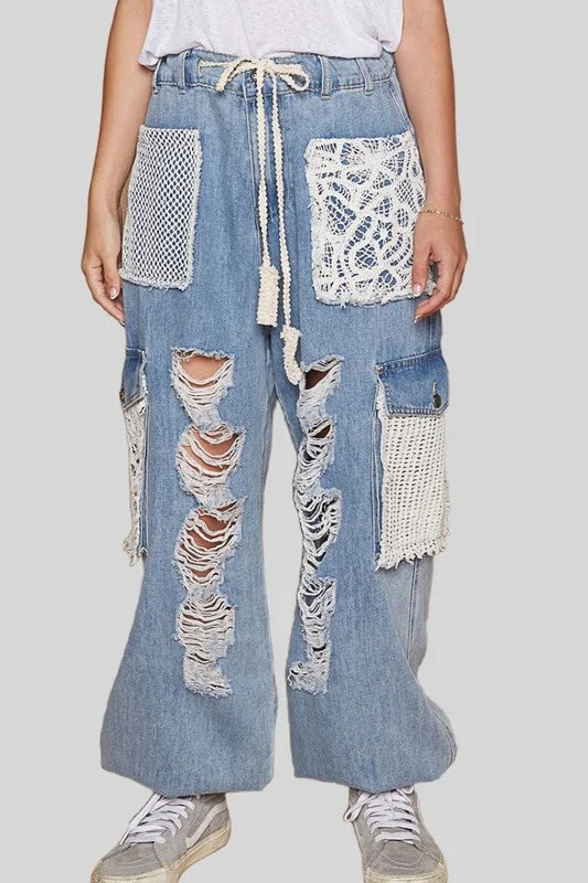 POL Crochet Patch Distressed Washed Jeans Luxurious Women's High -  end