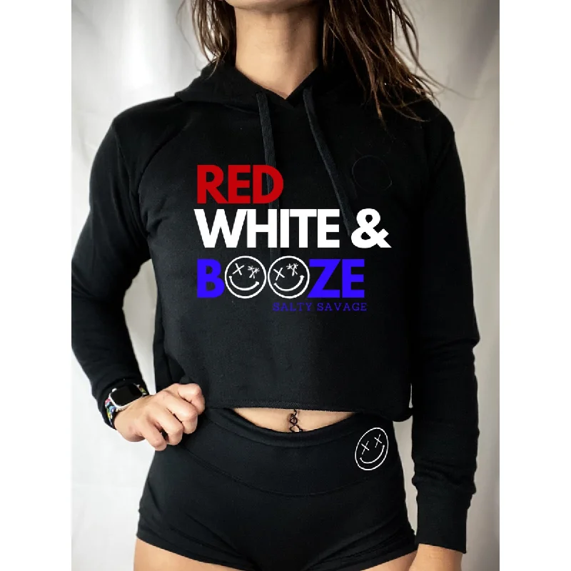 Salty Savage Ladies "RED WHITE & BOOZE" Cropped Hoodie Modern Women's 