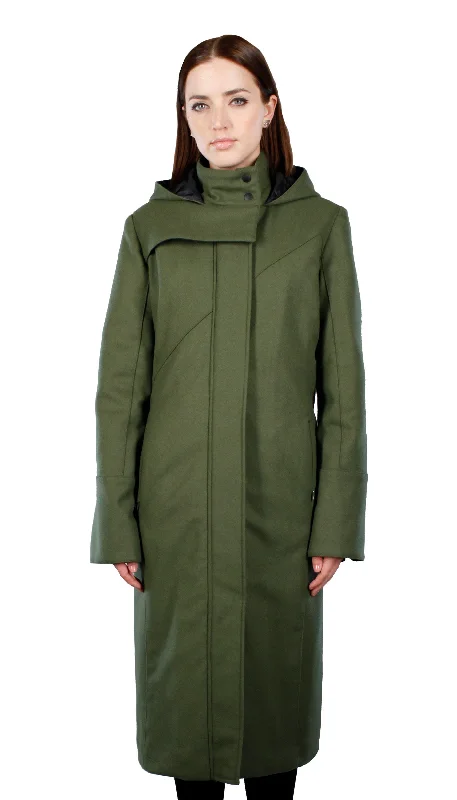 Hooded Mock Neck Zip Maxi Coat w/ Thinsulate Quilted Liner/ Olive Wool Relaxed Women's Beachy