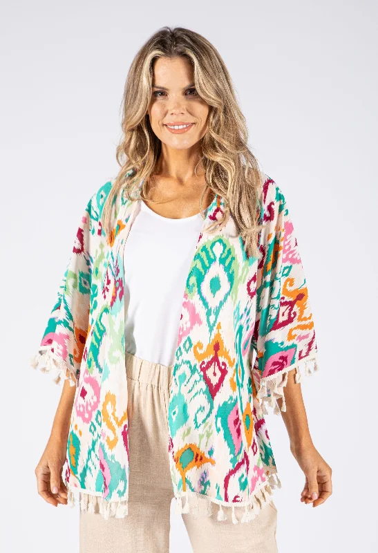 Colour Mix Kimono with Tassel Hem Bohemian Women's Free