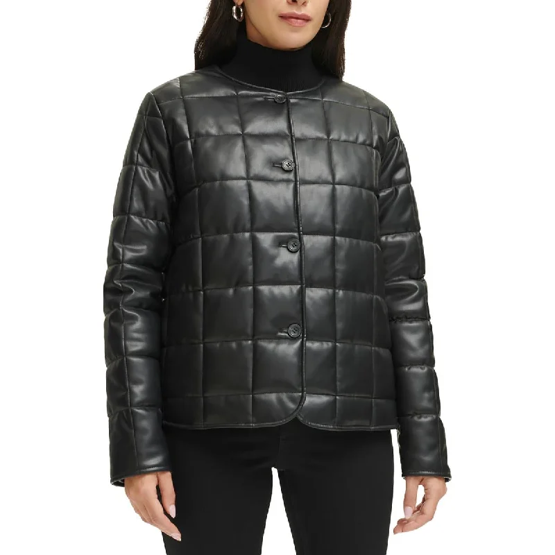 Womens Quiled Faux Leather Puffer Jacket Relaxed Women's 