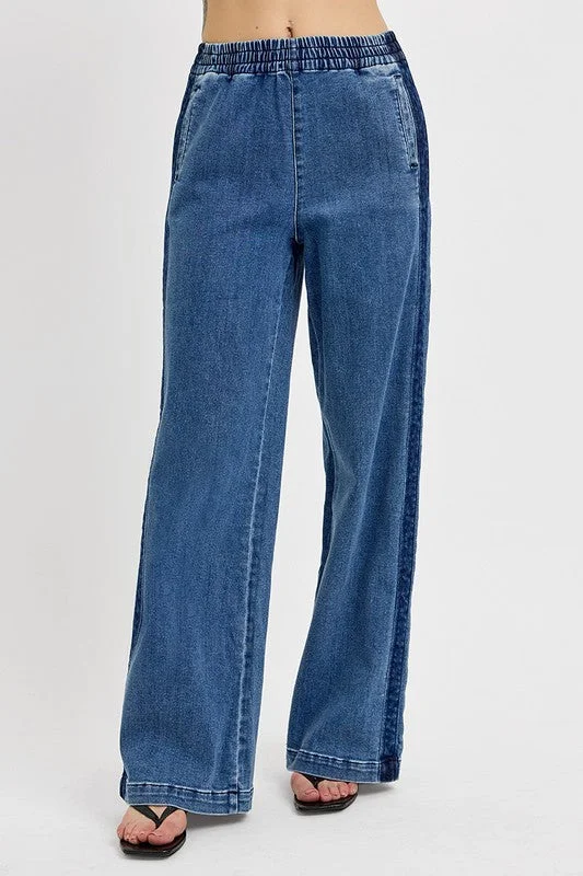 RISEN Full Size Elastic Waist Wide Leg Jeans Plus Size Preppy Women's College
