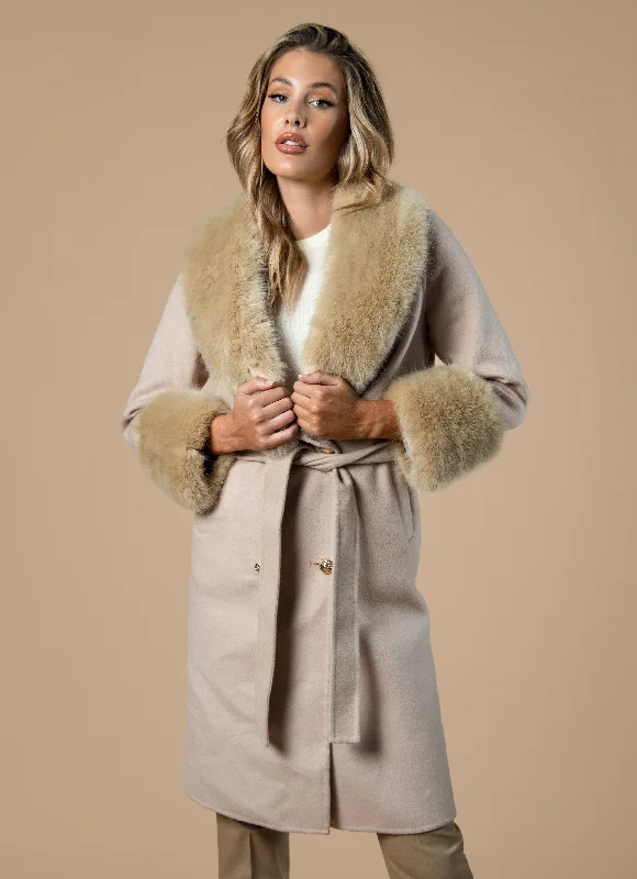 Taupe Cashmere Faux Fur Coat Geometric