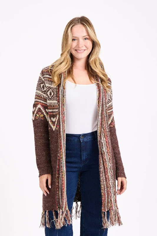 Fringe Hem Aztec Cardigan- Mocha Athletic Women's 