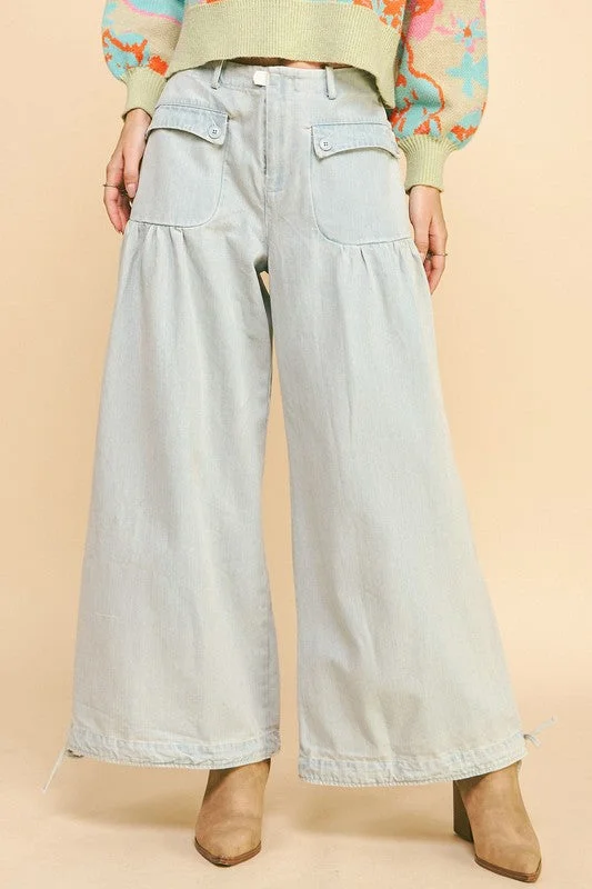 Davi & Dani Drawstring Hem Wide Leg Mid Rise Jeans Business