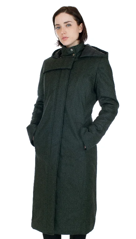 Hooded Mock Neck Zip Maxi Coat w/ Thinsulate Quilted Liner/ Green Wool Herringbone performance