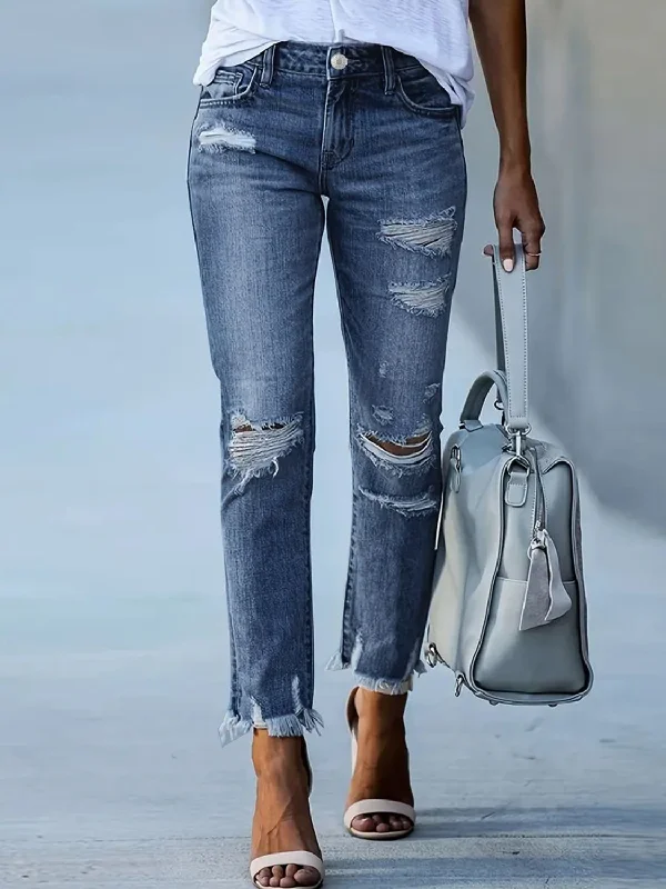 Distressed Raw Hem Jeans with Pockets Earthy Women's 