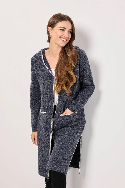 Blanket Stitch Cardigan with hood- Denim Streetwear Style for 