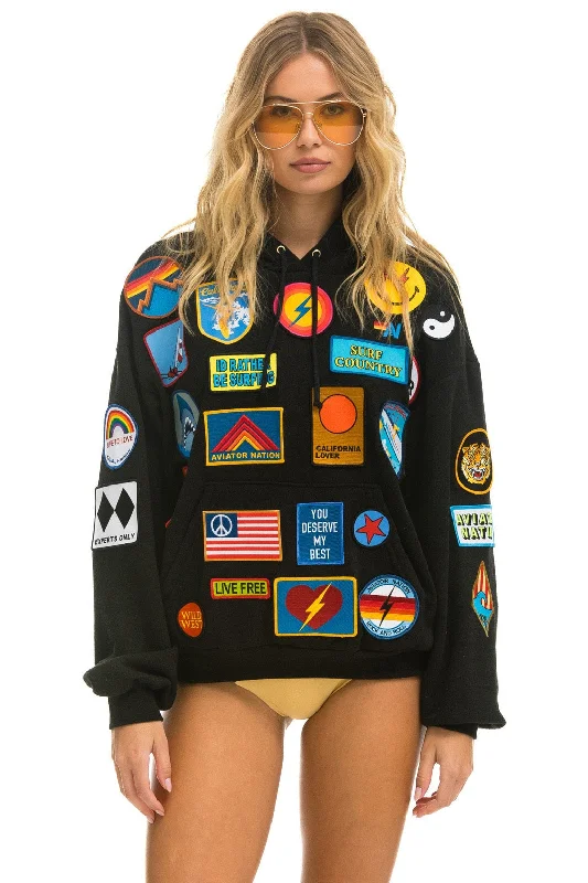 VINTAGE PATCH RELAXED PULLOVER HOODIE- BLACK Dynamic Women's High - energy