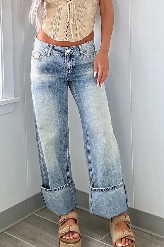 Washed Wide Leg Jeans with Pockets Refined Women's Classic 