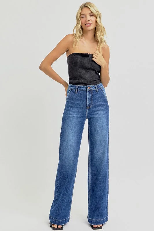RISEN Full Size High Rise Wide Leg Jeans with Slanted Pockets Business