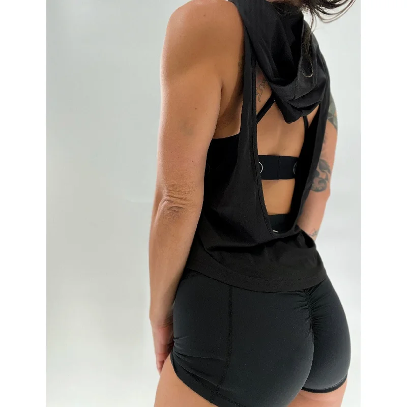 Salty Savage Ladies “Rock On” Open Back Muscle Tank Hoodie | Black Rugged Women's Outdoor 