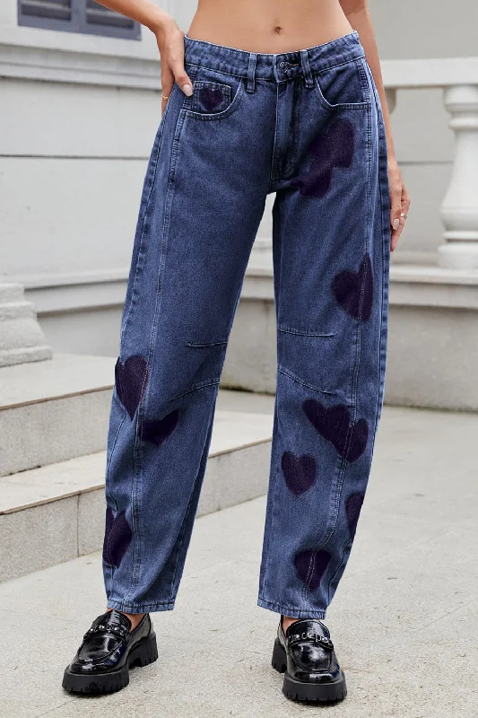 Heart Mid Rise Jeans with Pockets British Gentlewoman Style