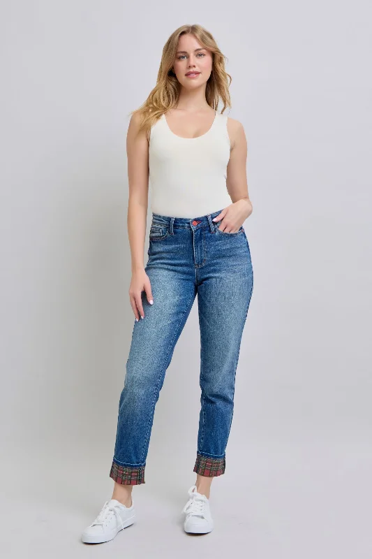 Judy Blue Full Size Plaid Print Cuff Straight Leg Jeans with Pockets Modern Women's Tech