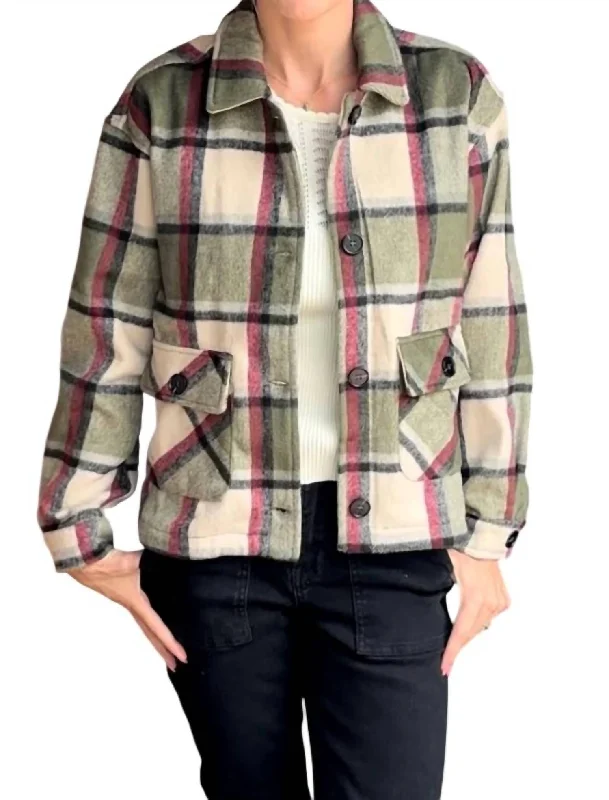 Plaid Print Shacket In Olive Hip Women's Retro