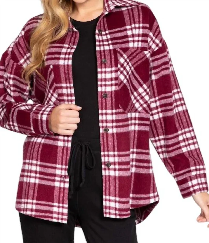 Leslie Oversized Plaid Shacket In Burgundy Compression