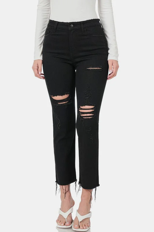 Zenana Distressed Raw Hem Cropped Jeans Cashmere