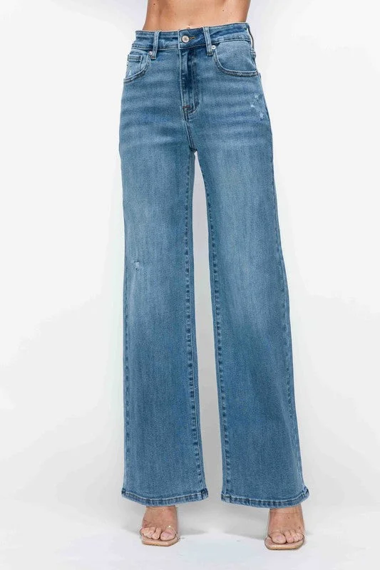 bytos Full Size High Rise Wide Leg Jeans with Pockets Stylish Women's Tropical 
