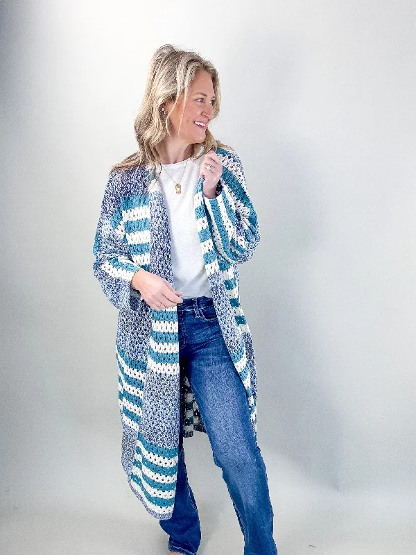 Bella Blue Striped Long Cardigan British Gentlewoman Style