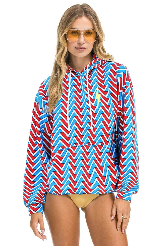 GEO ZIG BOLT EMBROIDERY RELAXED PULLOVER HOODIE - RED // BLUE Edgy Women's Punk