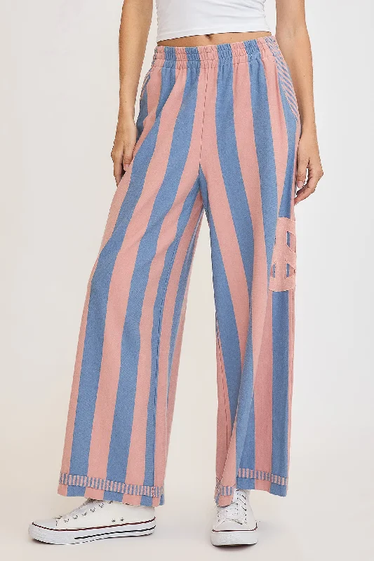 Umgee Peace Sign Patch Striped Wide Leg Pants Sleek Women's 
