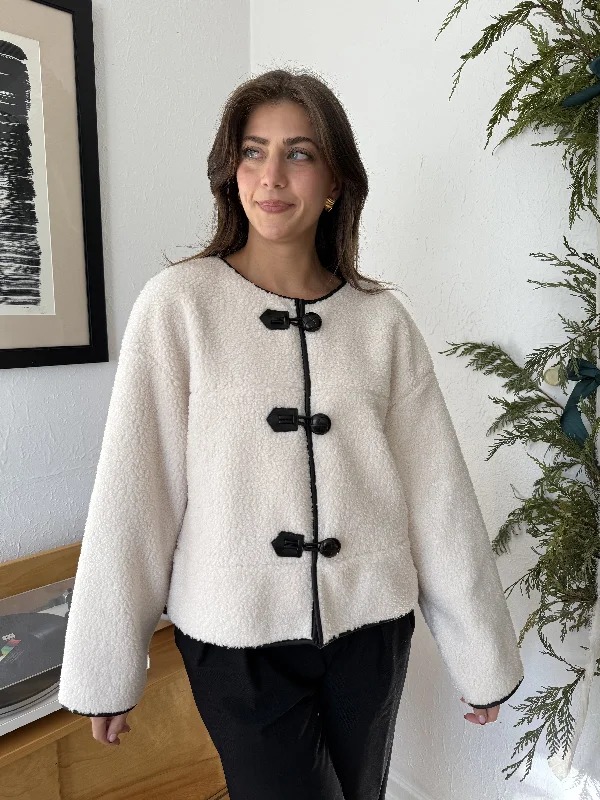 Holly Ivory Sherpa Button Loop Coat Jacket Feminine Women's Style 