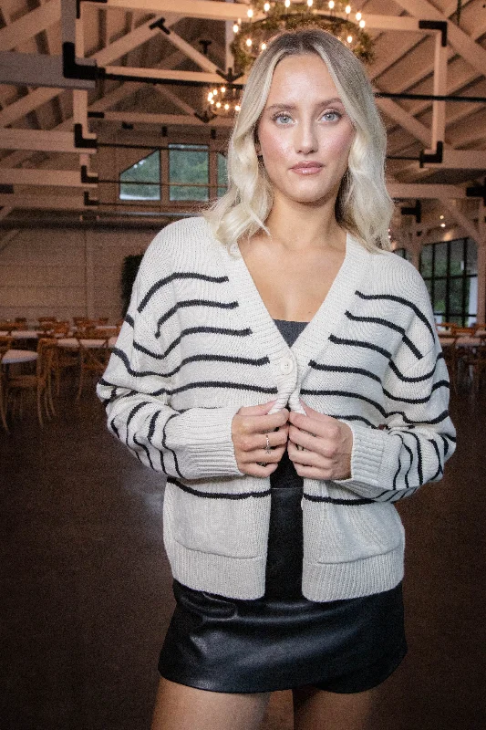Fatima Striped Cardigan, White/Black | RD Style Cashmere