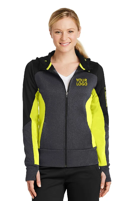 Sport-Tek Ladies Tech Fleece Colorblock Branded Full-Zip Hooded Jackets, Black/ Graphite Heather/ Citron Luxurious Women's High -  end