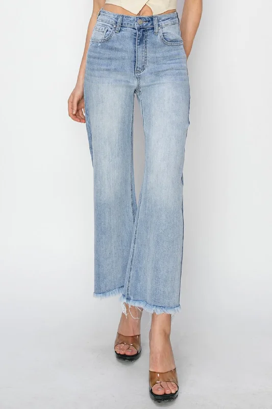RISEN High Rise Crop Wide Fray Hem Jeans Stylish Women's Neon