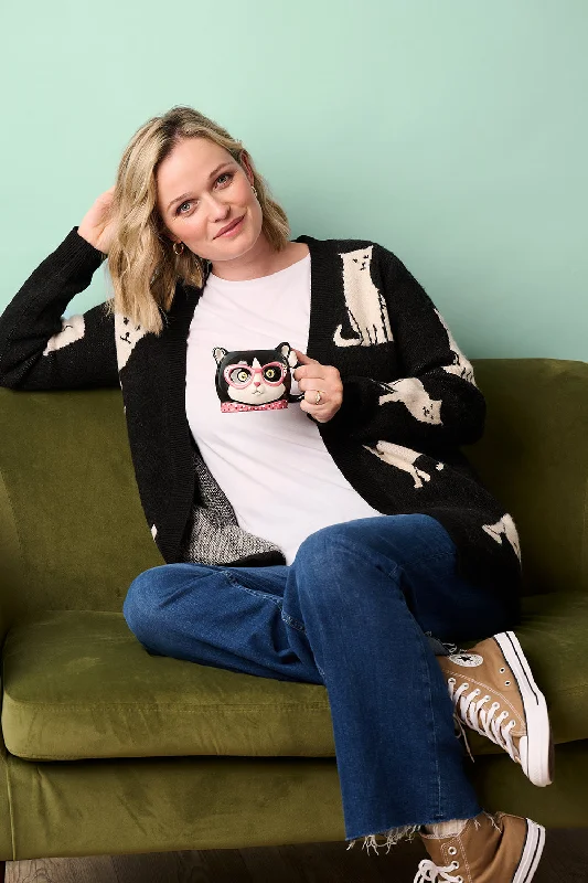 Laura Cardigan - Black, White Cats Artistic Women's Hand - painted