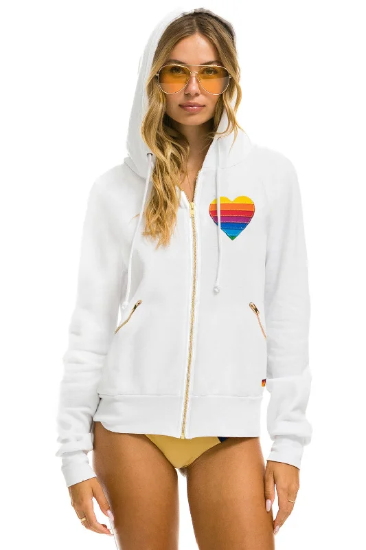 RAINBOW HEART STITCH ZIP HOODIE W/ POCKETS - WHITE Youthful Women's Anime - inspired
