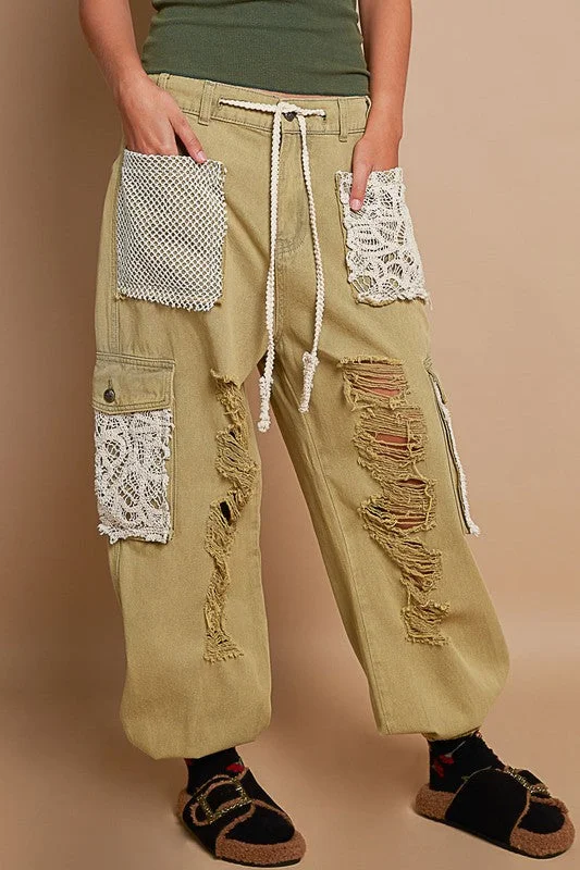 POL Crochet Patch Distressed Washed Jeans Feminine Women's Style 