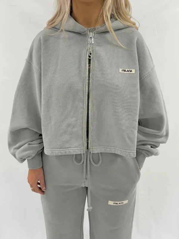 Washed Ash Grey Core Heavyweight Cropped Zip Hoodie. Scandinavian