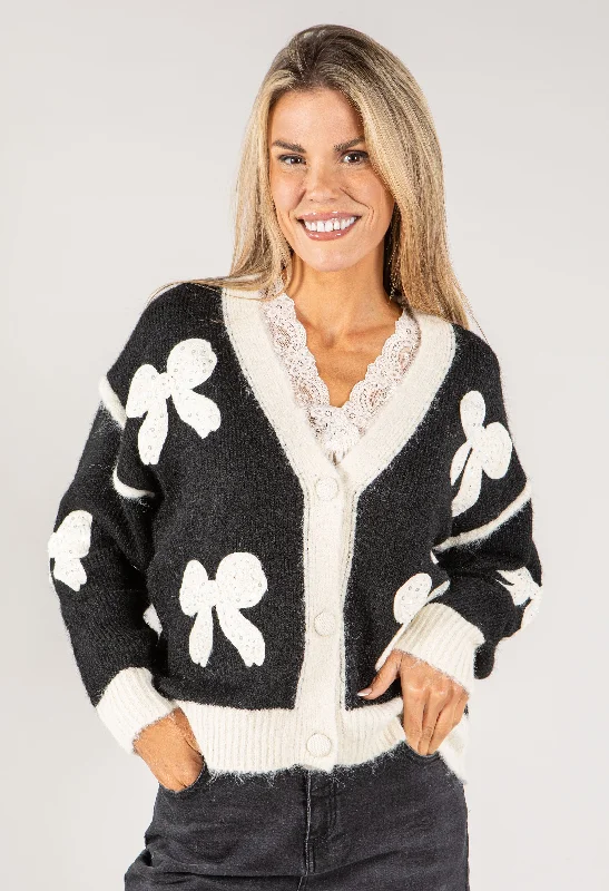 Embroidered Bow Buttoned Cardigan with Contrast Hem Modern Women's 