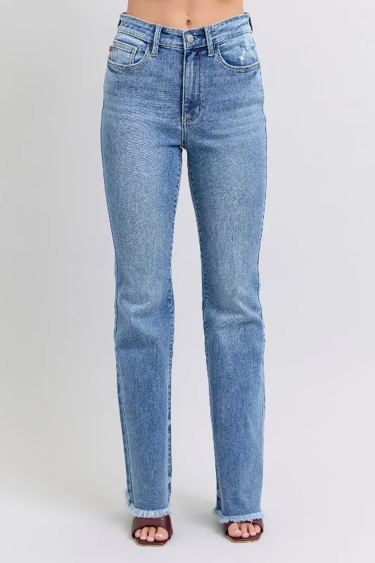 Judy Blue Full Size Raw Hem High Rise Bootcut Jeans Sporty Women's Athleisure 