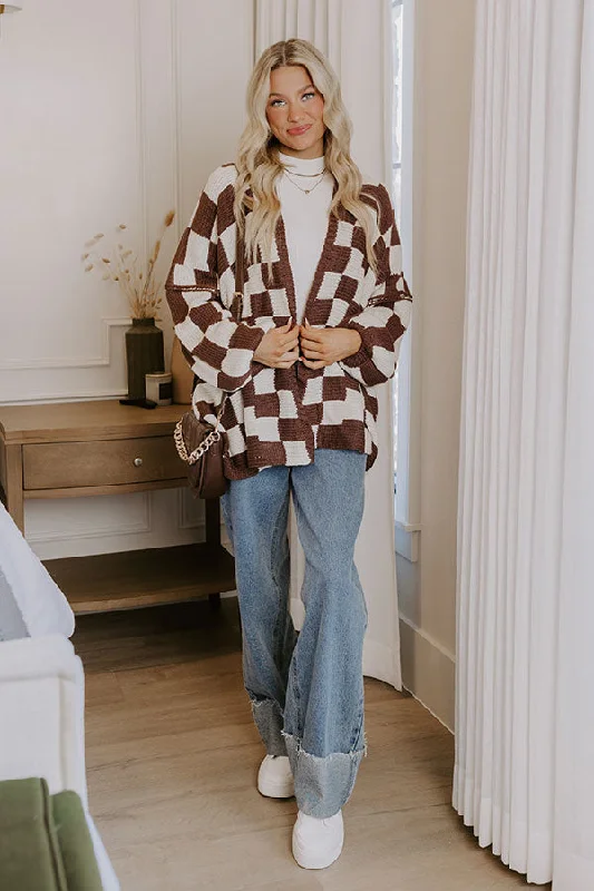 Chic Checkmate Knit Cardigan in Chestnut Rugged Women's Outdoor 