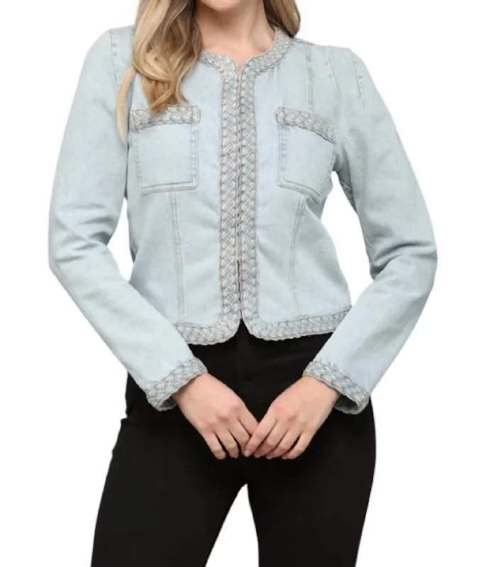 Braided Trim Jean Jacket In Light Denim Confident Women's High - fashion