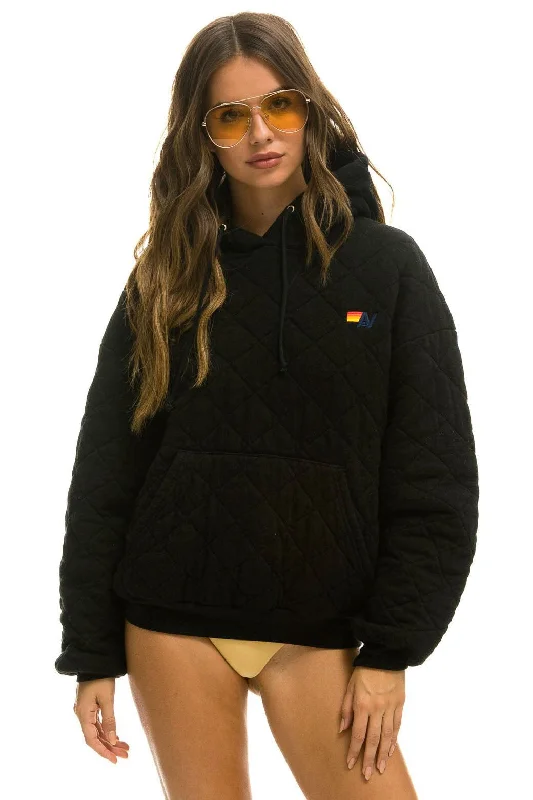 QUILTED RELAXED PULLOVER HOODIE - BLACK Casual Women's Loose - fitting