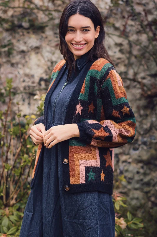 Morganna Cardigan - Multi, Chevron & Stars Cozy Women's Sherpa - lined