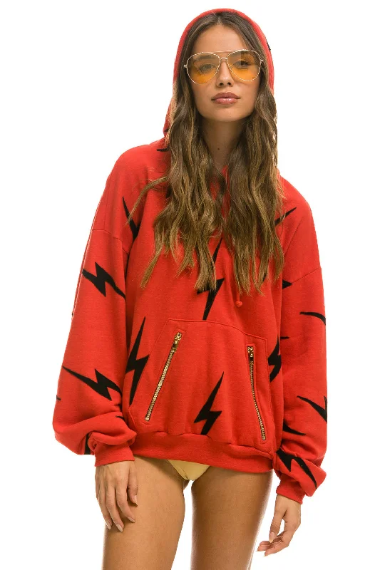 BOLT STITCH REPEAT RELAXED PULLOVER HOODIE WITH POCKET ZIPPERS - RED // BLACK Dynamic Women's High - energy