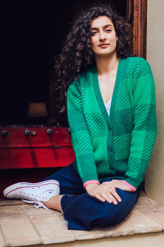 Rhea Cardigan - Green, Giant Checkerboard Monochromatic Office Style