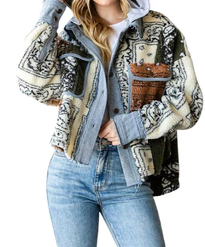 Bandana Print Mixed Sherpa Jacket In Cream Combo Hip Women's Retro