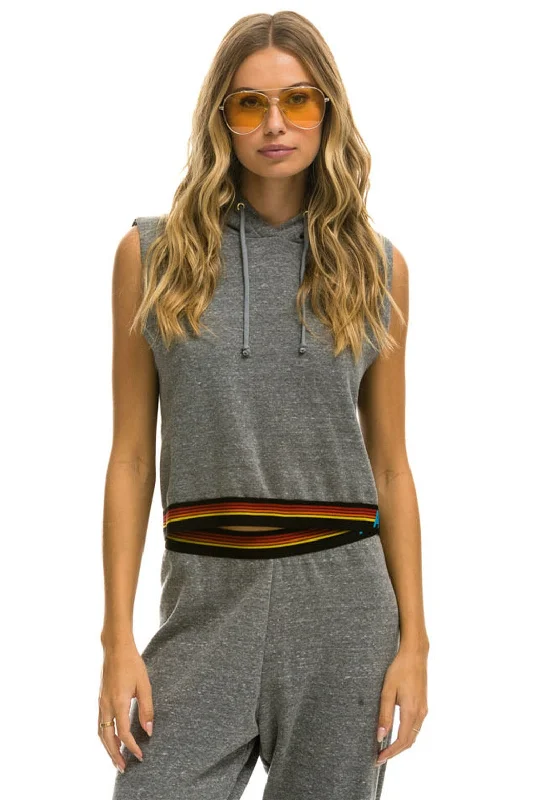 LOGO STRIPE SLEEVELESS CROP PULLOVER HOODIE - HEATHER GREY British Gentlewoman Style